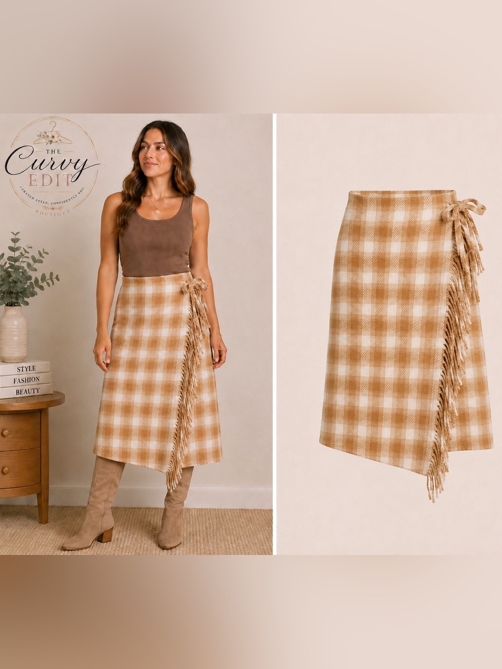 Plaid Faux Wrap Fringe Midi Skirt Tan Cream Western Boho L 12-14 Time & Tru